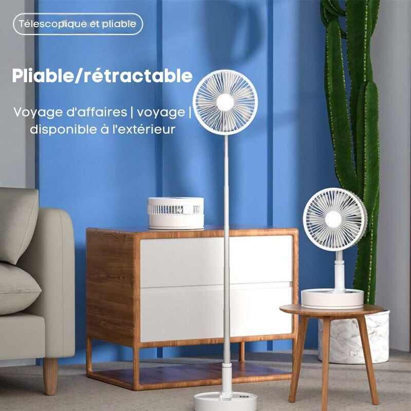 FoldAir portable retractable fan in a modern living room setting, showcasing its telescopic and compact design.