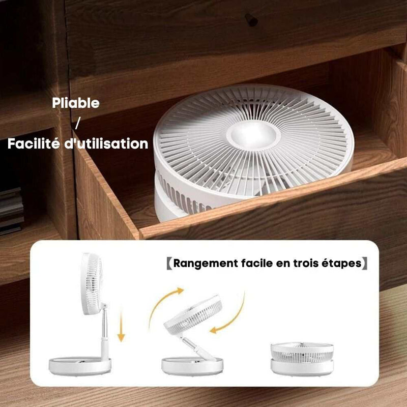 Ventilateur portable FoldAir rétractable dans un tiroir en bois, montrant son design pliable et facilité d'utilisation.