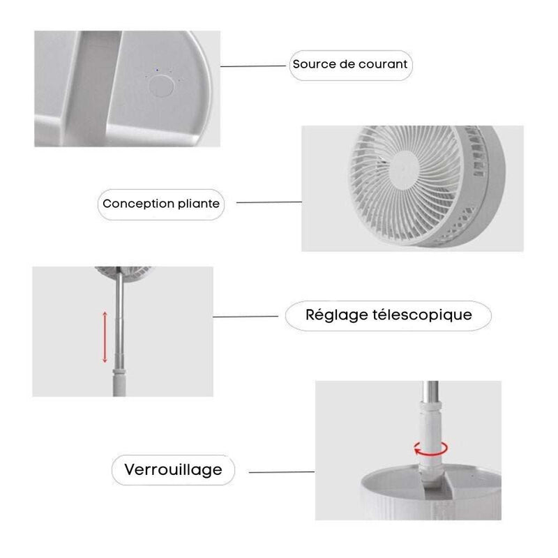FoldAir - Ventilateur portable rétractable avec ajustements télescopiques et conception pliable.