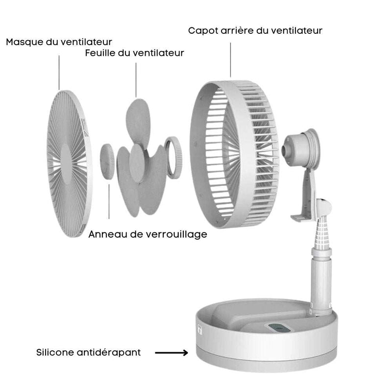 Illustration des composants du ventilateur portable FoldAir, avec masque, feuille, capot arrière, anneau de verrouillage et base en silicone antidérapant.